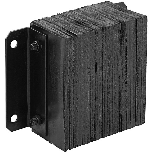 A black rectangular Vestil rubber dock bumper with holes.