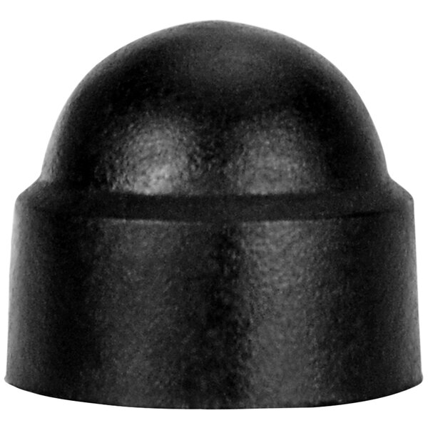 A black round plastic cap with a white background.