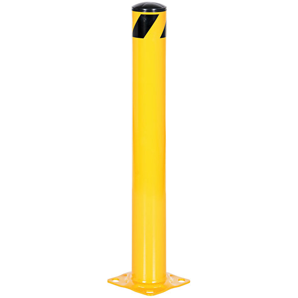 A yellow cylindrical Vestil safety bollard with black stripes.