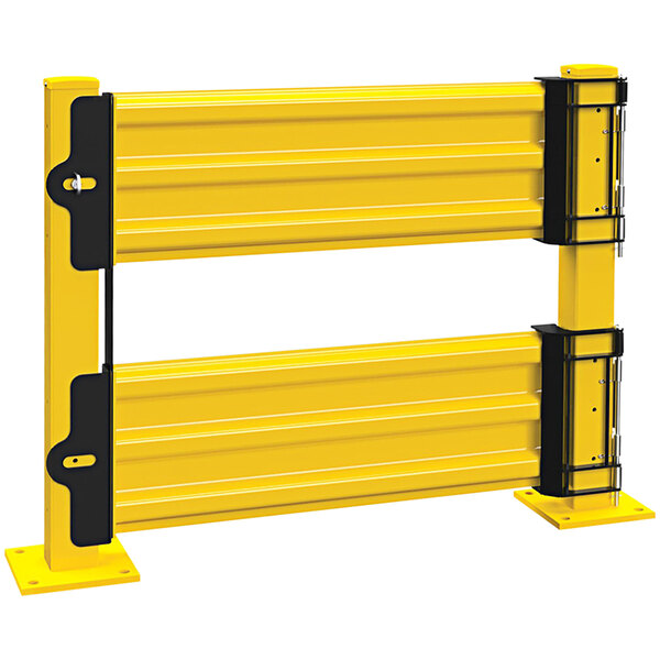 A yellow and black metal fence with two black bars.