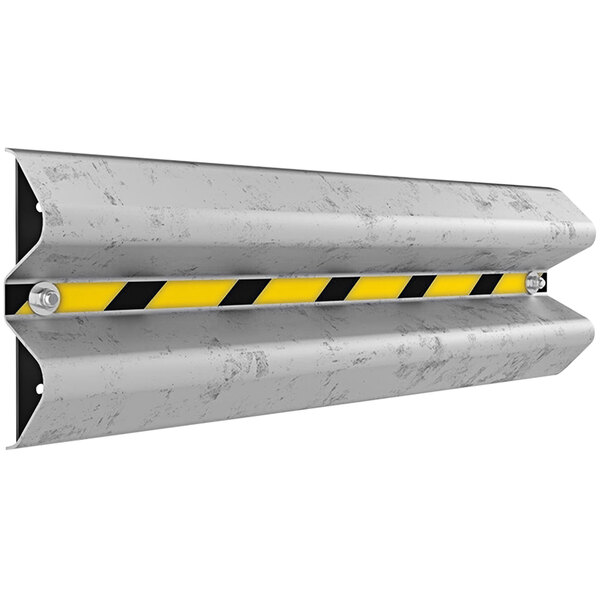 A Vestil galvanized steel wall mount guard rail with a yellow and black stripe.