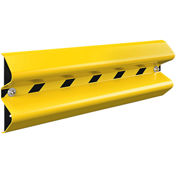 A yellow steel barrier with black stripes.