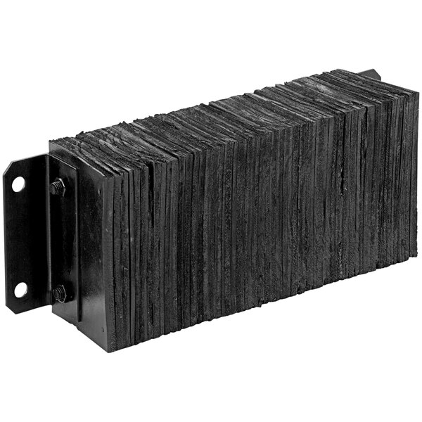 A black rectangular Laminated Rubber Dock Bumper with a metal bracket.
