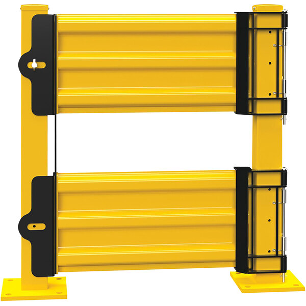 A pair of yellow and black Vestil swing gates with double black bars.