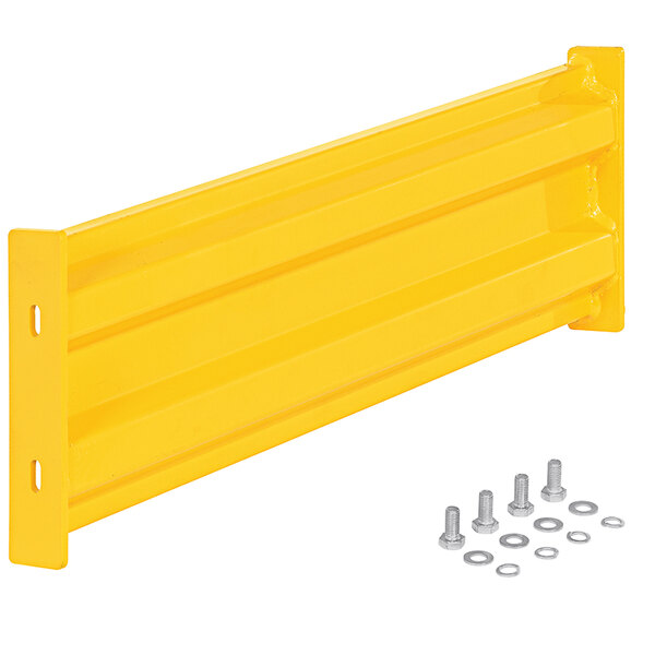 A yellow metal bar with screws and bolts.
