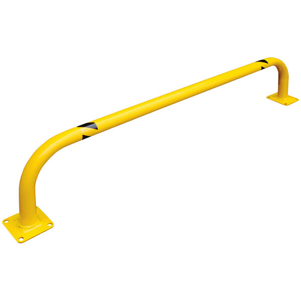 A yellow metal Vestil machinery guard with black stripes.
