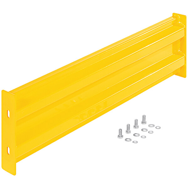 A yellow metal Vestil bolt-on guard rail with screws and bolts.