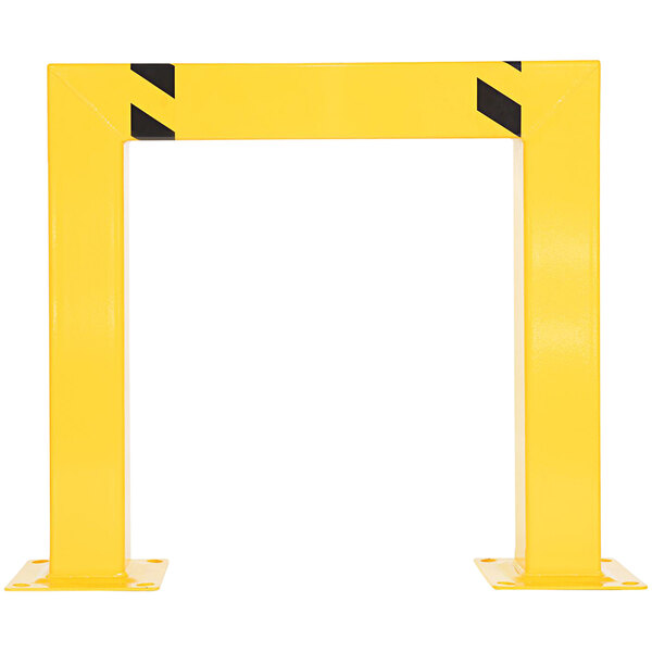 A yellow rectangular steel machinery and rack guard with black stripes on a white background.