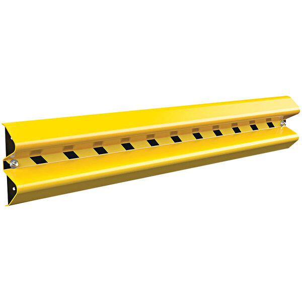 A yellow steel Vestil wall mount guard rail with black stripes.