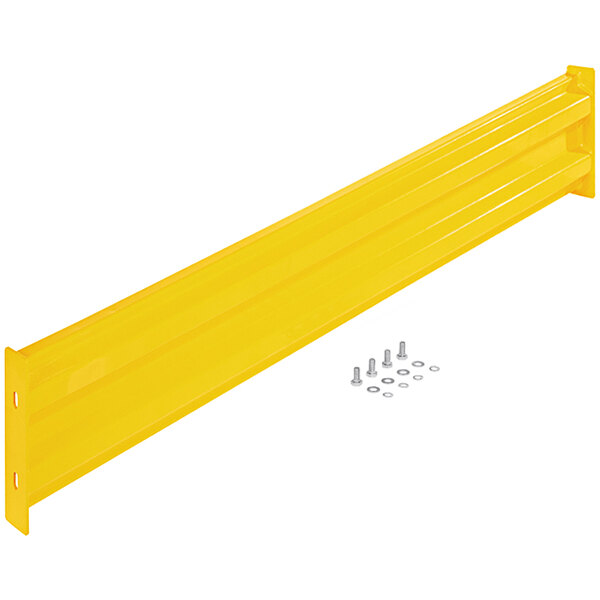 A yellow metal beam with bolts and washers.