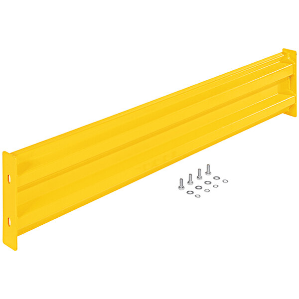A yellow metal beam with bolts and screws attached.