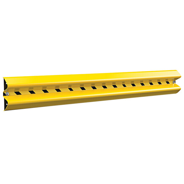 A yellow metal wall mount guard rail with holes.