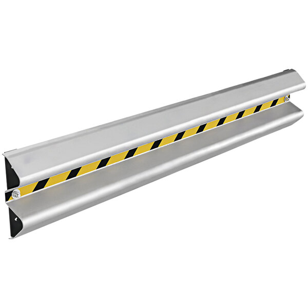 A long galvanized steel wall mount guard rail with a yellow and black stripe.