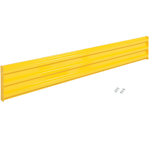 A yellow metal guard rail with white stripes and screws.