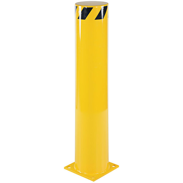 A yellow Vestil steel safety bollard with black stripes.