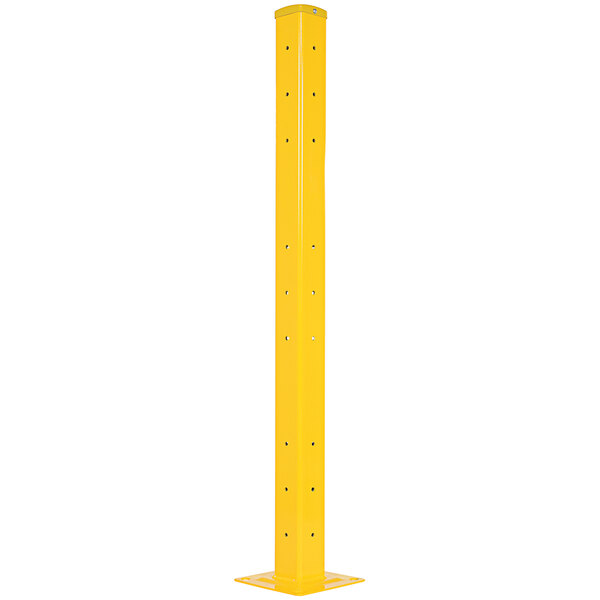 A yellow rectangular Vestil rail post with holes for screws.
