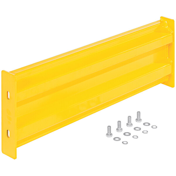 A yellow metal bar with bolts and nuts.
