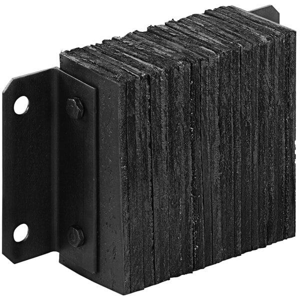 A black metal bracket attached to a black rectangular rubber dock bumper with two holes.