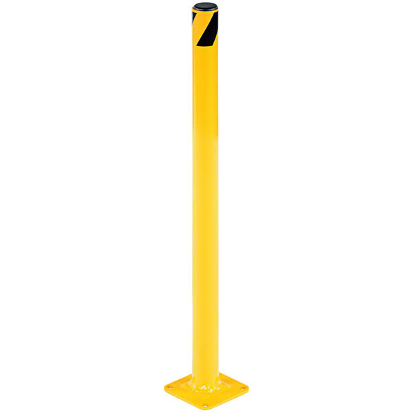 A yellow cylindrical steel pole with black stripes.