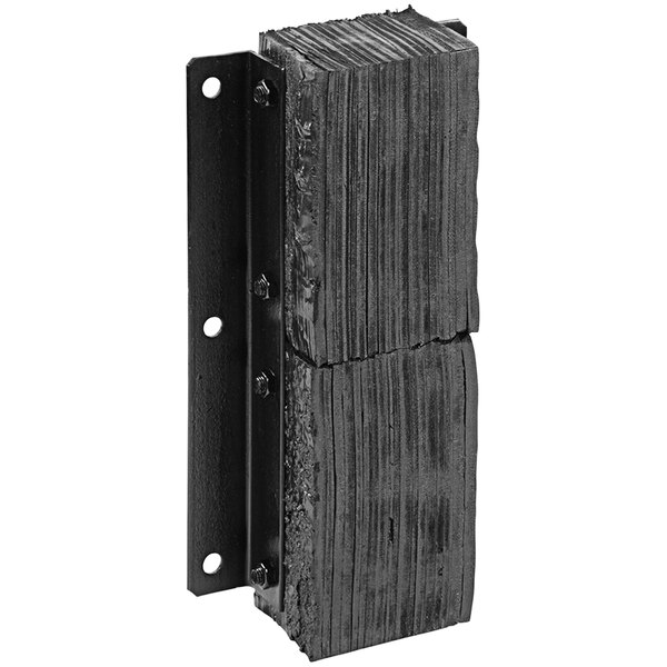 A black metal bracket with two holes attached to a black rectangular rubber bumper.