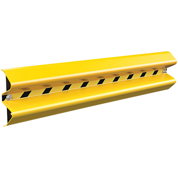 A yellow steel wall mount safety barrier with black stripes.