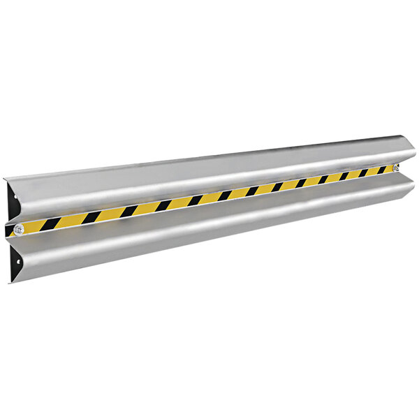A white metal Vestil wall mount guard rail with yellow and black stripes.