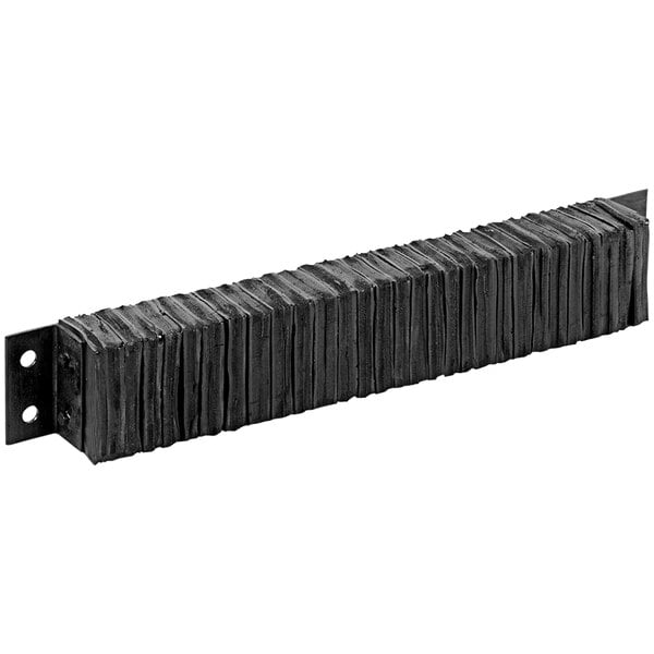 A black rectangular Laminated Rubber Dock Bumper with metal strips.