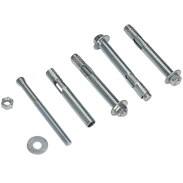 A close-up of a set of four Vestil concrete anchor bolts and nuts.