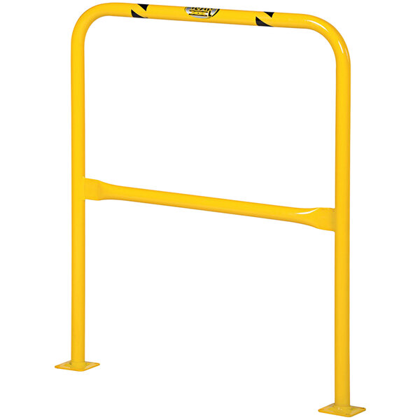 A yellow metal frame with a yellow safety rail and black handle.