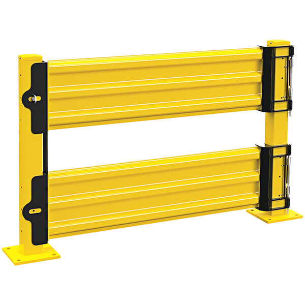 A yellow and black metal construction barrier with two black bars.