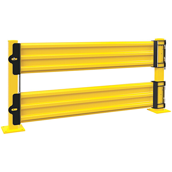 A yellow metal swing gate with black accents and double yellow metal bars.