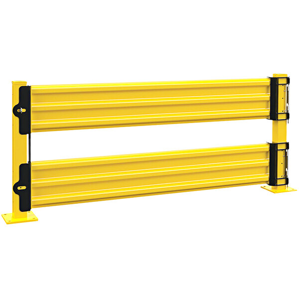 A yellow metal Vestil railing with black bars.