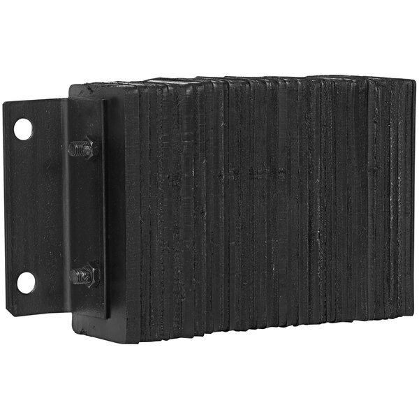 A black rectangular Vestil laminated rubber dock bumper with screws.