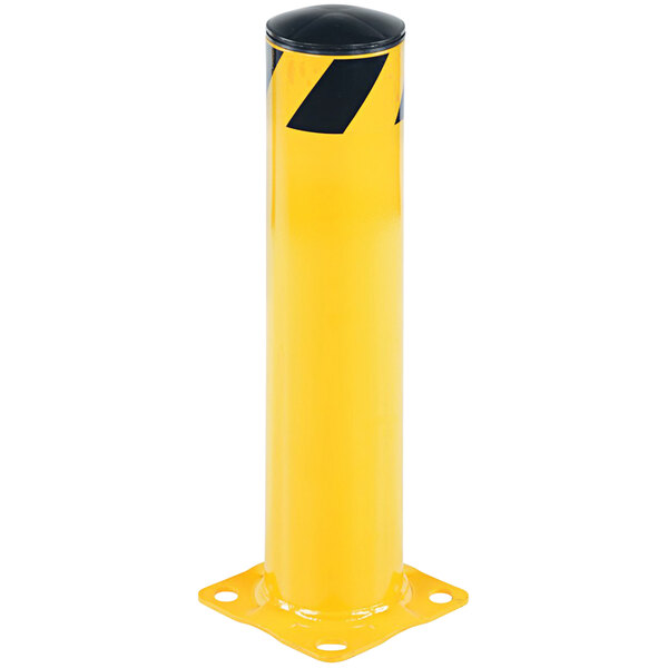 A yellow steel safety bollard with black stripes.