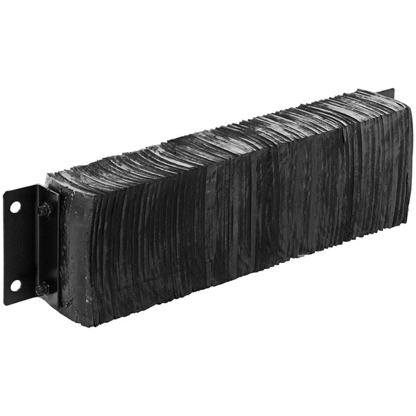 A black rectangular Vestil laminated rubber dock bumper with black metal plates on the ends.