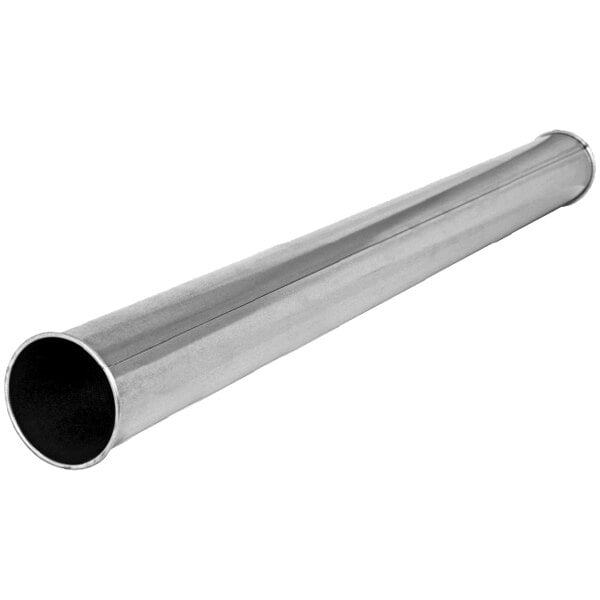 A long galvanized steel duct pipe on a white background.