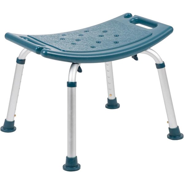 A blue and silver Flash Furniture Hercules Series adjustable shower chair with two legs.