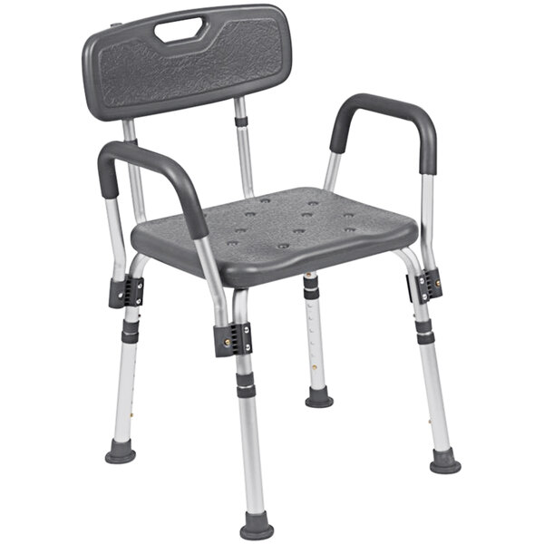 A gray Flash Furniture bath and shower chair with back and arms with metal legs.