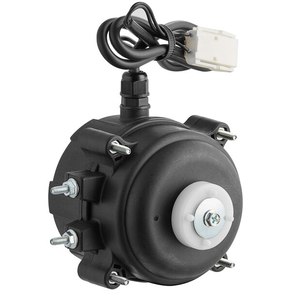 An Avantco fan motor with black and white cables attached to a round black device.