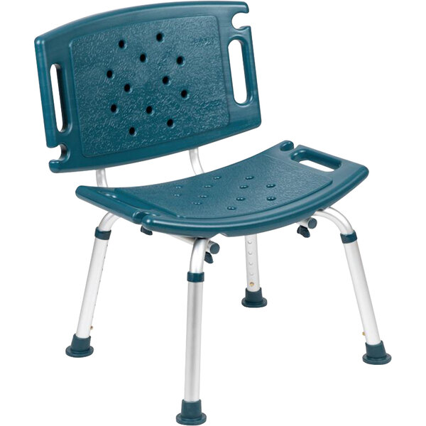 A blue plastic Flash Furniture shower chair with a metal frame.