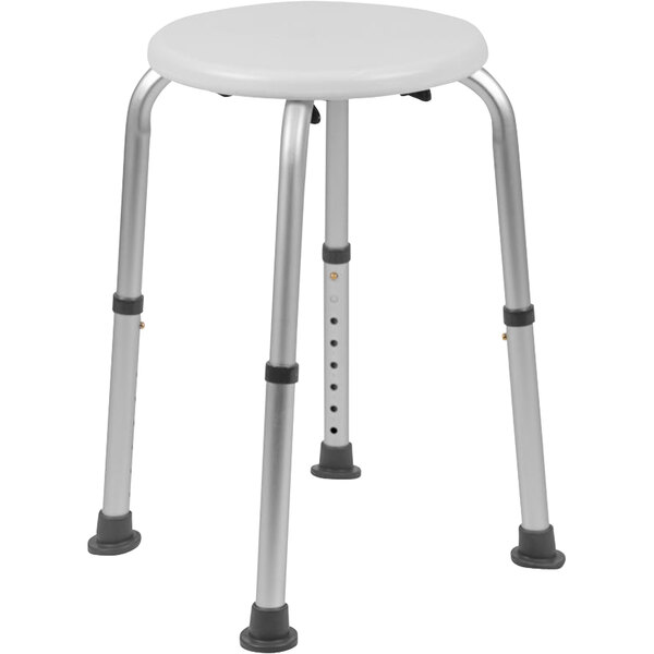 A white Flash Furniture bath and shower stool with metal legs.