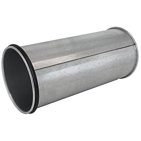 A silver metal sleeve with black rubber ends.