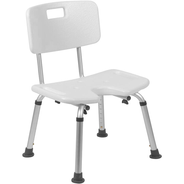 A white plastic Flash Furniture shower chair with a backrest and U-shaped cutout.