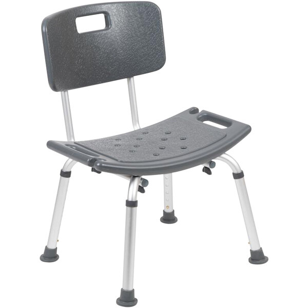 A grey plastic Flash Furniture shower chair with a backrest.