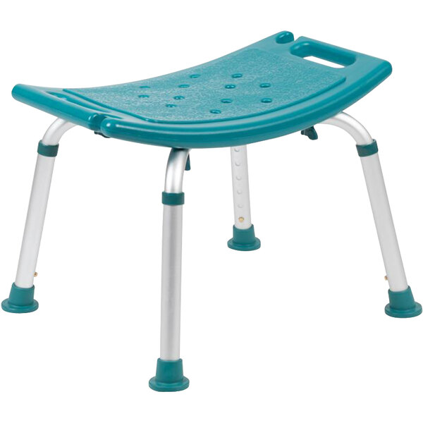 A teal plastic shower stool with metal legs.