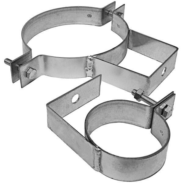 Two metal brackets with two holes on them.