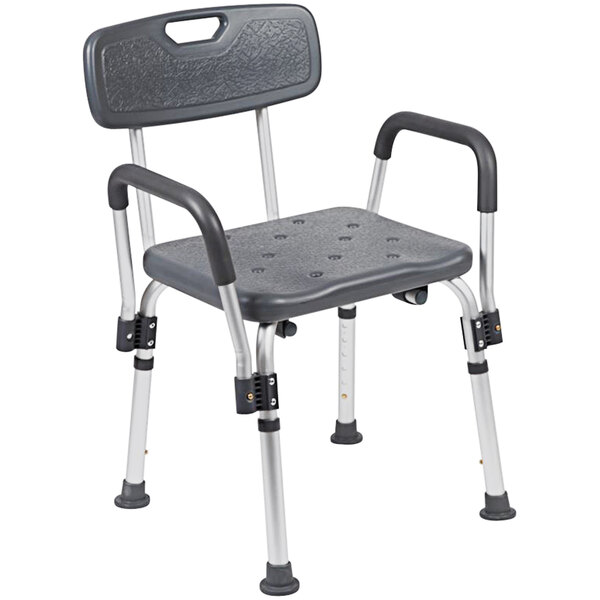 A Flash Furniture gray bath and shower chair with metal legs and a depth adjustable back.