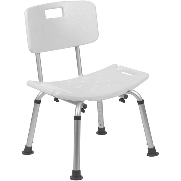 A white plastic Flash Furniture bath chair with a metal frame and backrest.