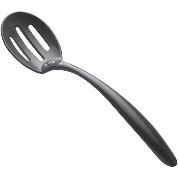 A Bon Chef gunmetal gray melamine slotted serving spoon with a long handle.