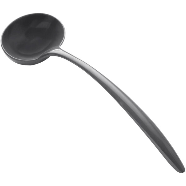 A close up of a Bon Chef Gunmetal Gray Melamine serving ladle with a long handle.